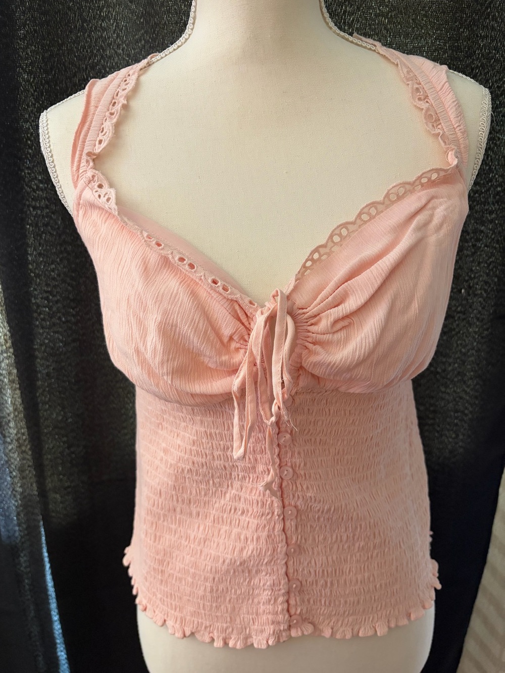 Guess Los Angeles Randal Ruffle Lace-Trim Smocked Tie-Front Cami XL NWT